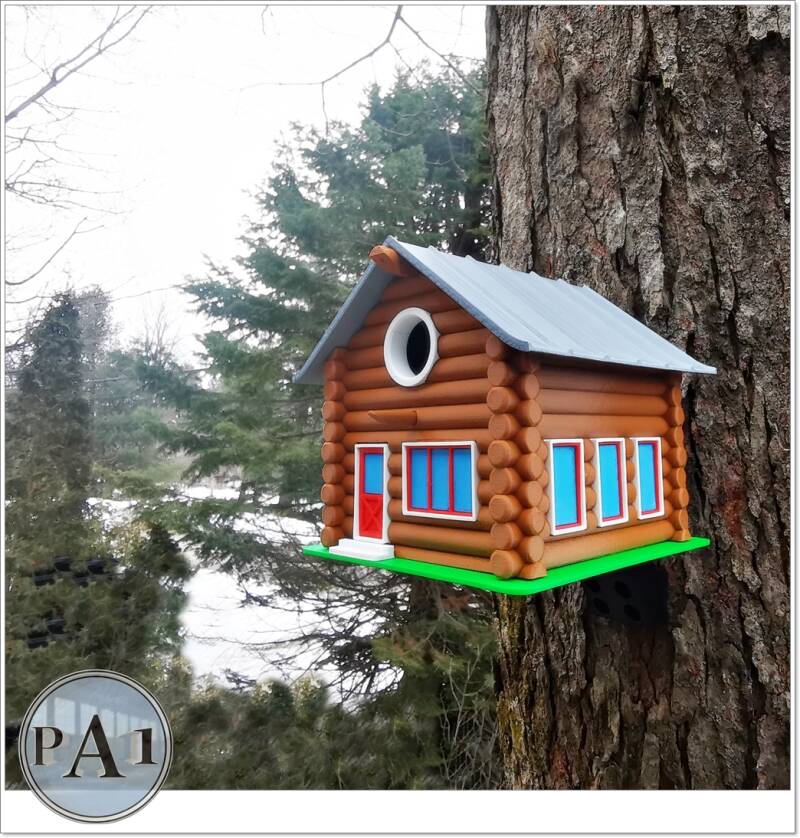 Vogelhaus Blockhütte | Wetterfestes Vogelhaus aus dem 3D Druck | Rustikale Garten Deko | Futterhaus | Wunschfarbe