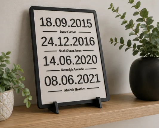 Personalisierte Familien Datentafel mit Namen | Geburtstage & Erinnerungen | Wunschdaten | Familien Deko | Geschenk zur Hochzeit | 3D Druck