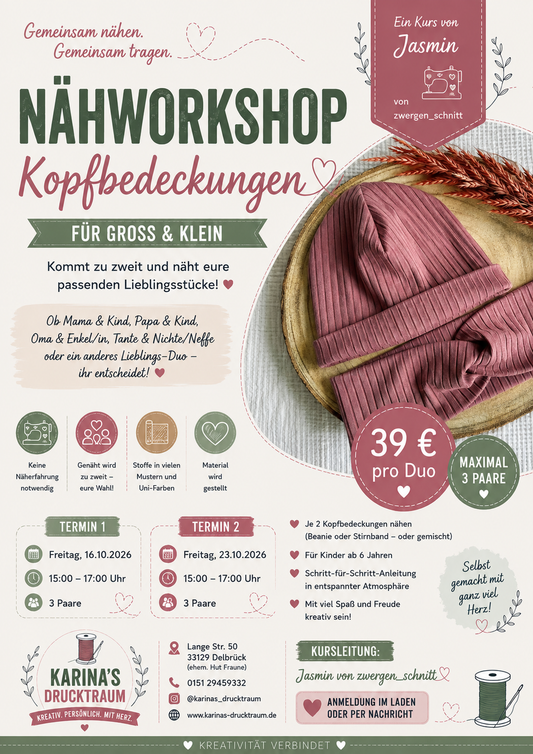 Nähworkshop Kopfbedeckungen für Groß & Klein | Beanie & Stirnband