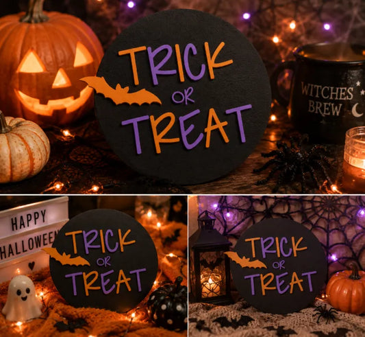 Halloween Wanddeko "Trick or Treat" | Halloween Schild | Wandbild | Fledermaus Deko | Wunschfarbe | Herbstdeko | 3D Druck | Halloween Dekoration
