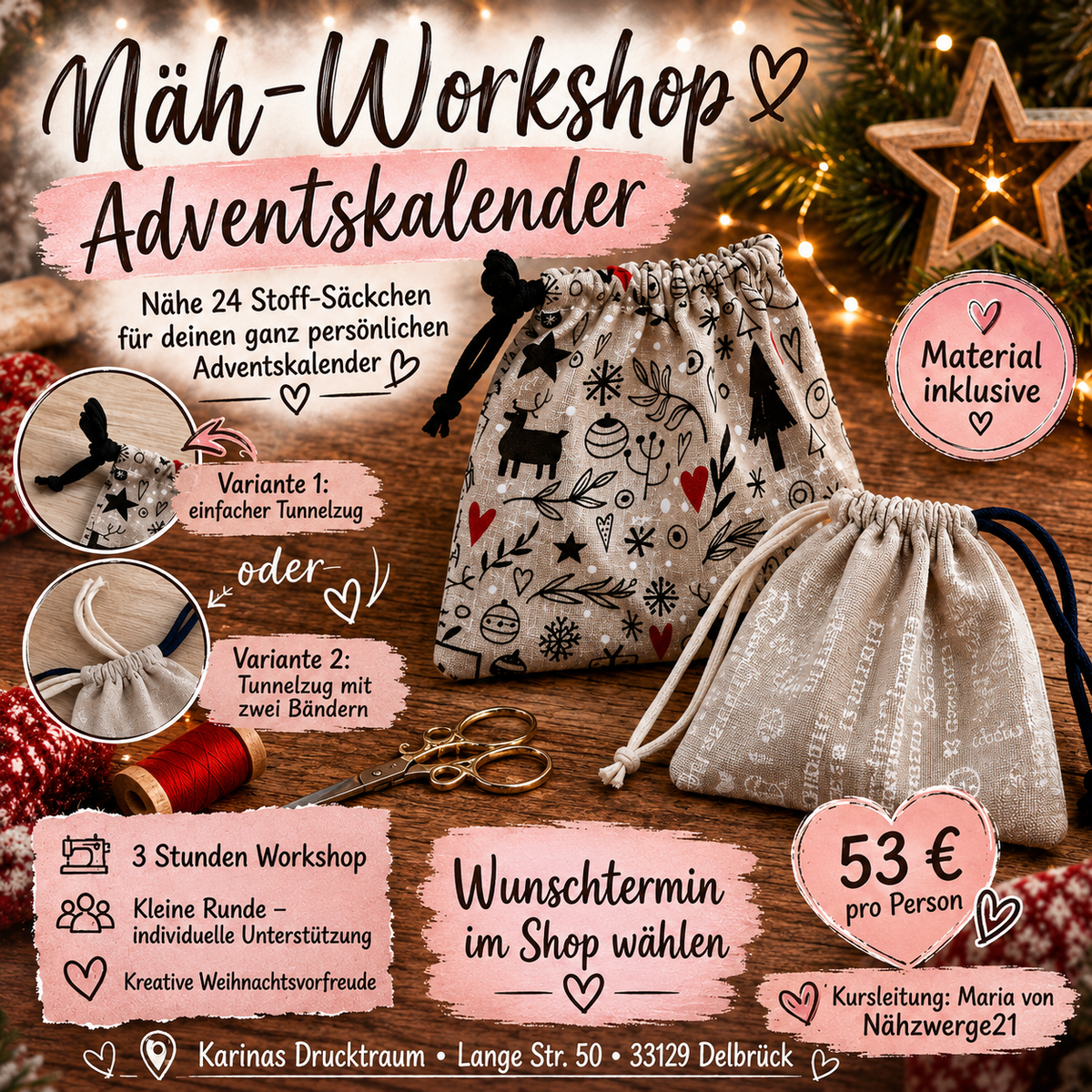 Näh-Workshop Adventskalender – 24 Stoff-Säckchen