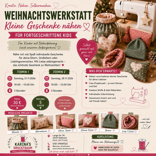Weihnachtswerkstatt – Kleine Geschenke nähen | Nähkurs für Kids