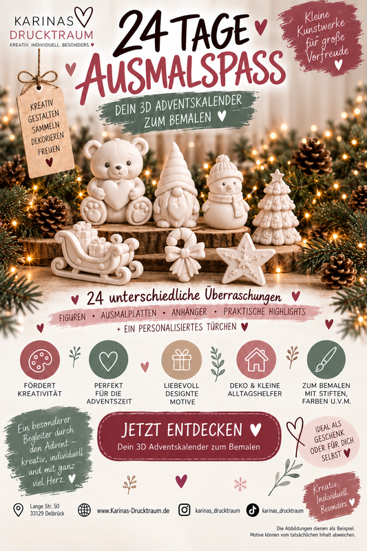 24 Tage Ausmalspaß – 3D Adventskalender zum Bemalen inkl. Farben