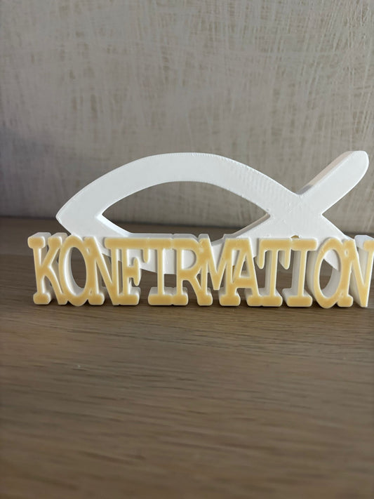Christlicher Fisch „Konfirmation“ – moderne 3D-Druck Deko in Wunschfarbe | ca. 17,5 × 8 cm