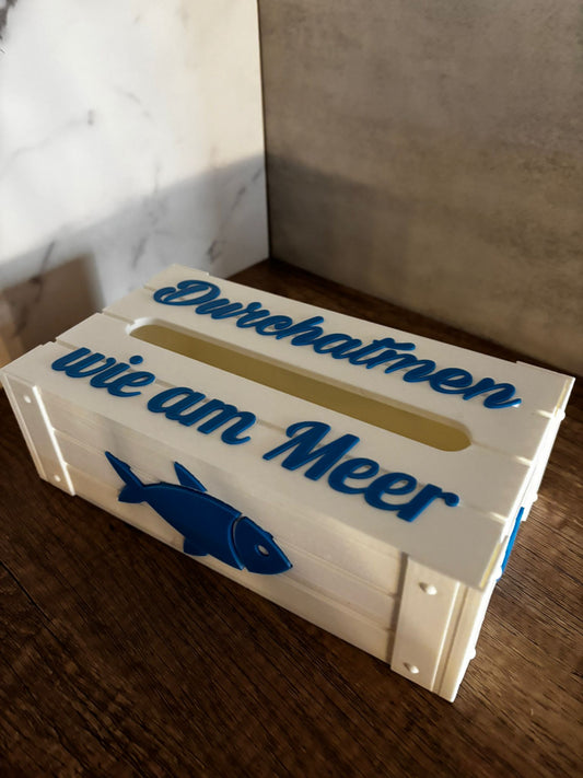 Tempobox Hülle „Durchatmen wie am Meer“ – maritime Taschentuchbox Hülle – 3D Druck Deko