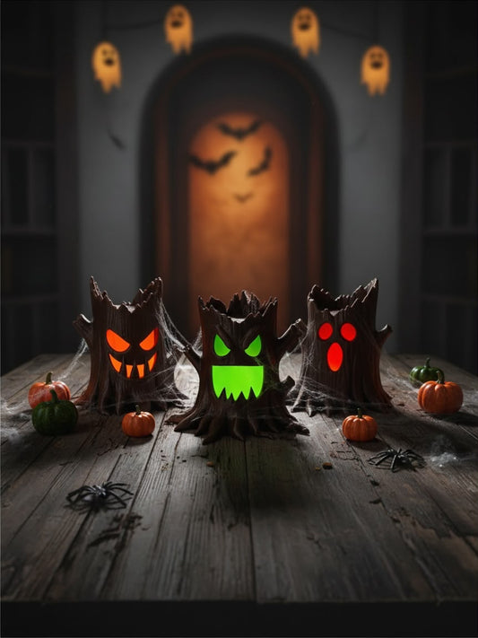 Halloween Baumstumpf 3er Set | Leuchtende Halloween Deko | Baumstämme | Tischdeko | Innenfarbe wählbar | 3D Druck | Herbstdeko