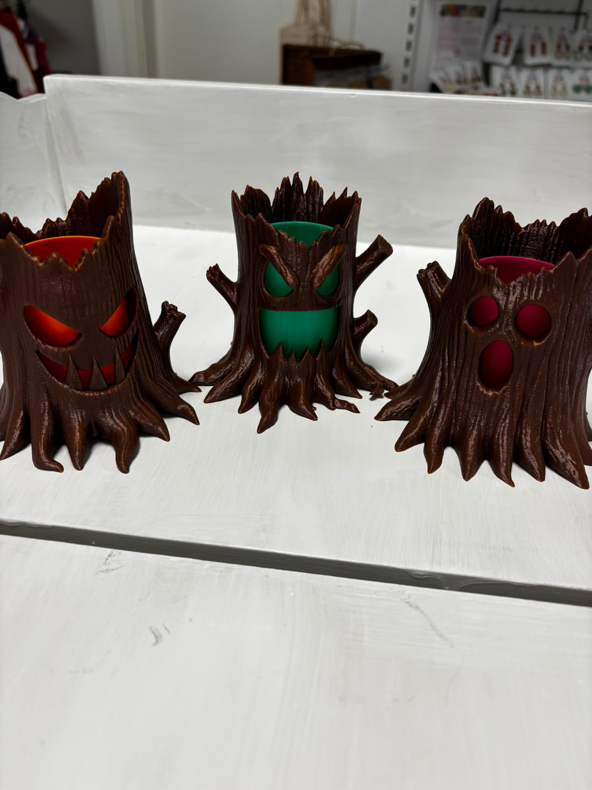 Halloween Baumstumpf 3er Set | Leuchtende Halloween Deko | Baumstämme | Tischdeko | Innenfarbe wählbar | 3D Druck | Herbstdeko