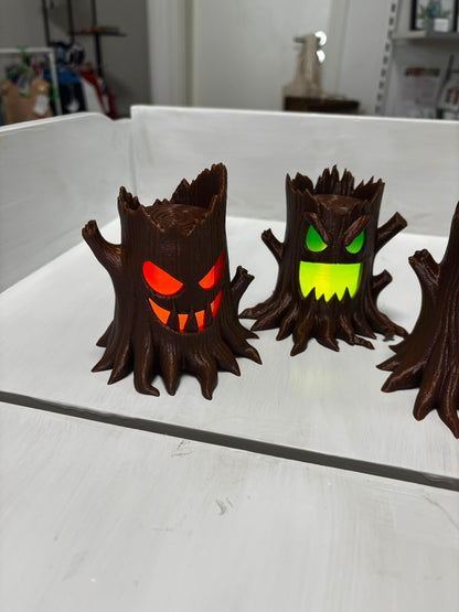 Halloween Baumstumpf 3er Set | Leuchtende Halloween Deko | Baumstämme | Tischdeko | Innenfarbe wählbar | 3D Druck | Herbstdeko