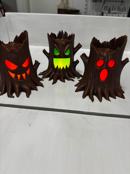 Halloween Baumstumpf 3er Set | Leuchtende Halloween Deko | Baumstämme | Tischdeko | Innenfarbe wählbar | 3D Druck | Herbstdeko