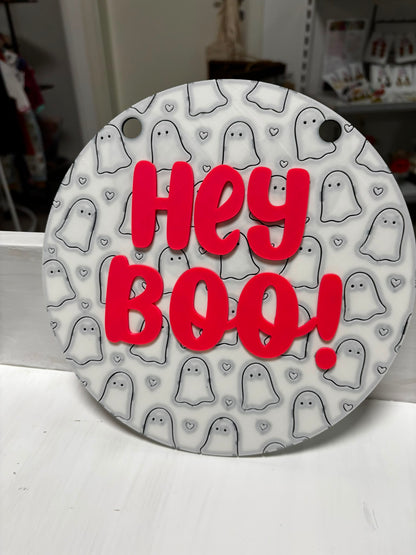 Halloween Türschild Hey Boo | Geist Deko zum Aufhängen | Halloween Wanddeko | Wunschfarbe | 3D Druck Deko