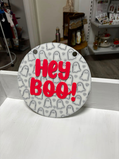 Halloween Türschild Hey Boo | Geist Deko zum Aufhängen | Halloween Wanddeko | Wunschfarbe | 3D Druck Deko