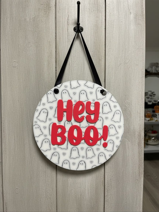 Halloween Türschild Hey Boo | Geist Deko zum Aufhängen | Halloween Wanddeko | Wunschfarbe | 3D Druck Deko