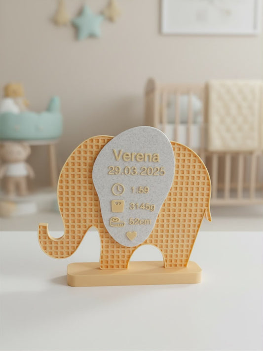 Geburtsdaten Elefant personalisiert | Geschenk zur Geburt | Baby Aufsteller mit Name & Geburtsdaten | Kinderzimmer Deko | 3D Druck