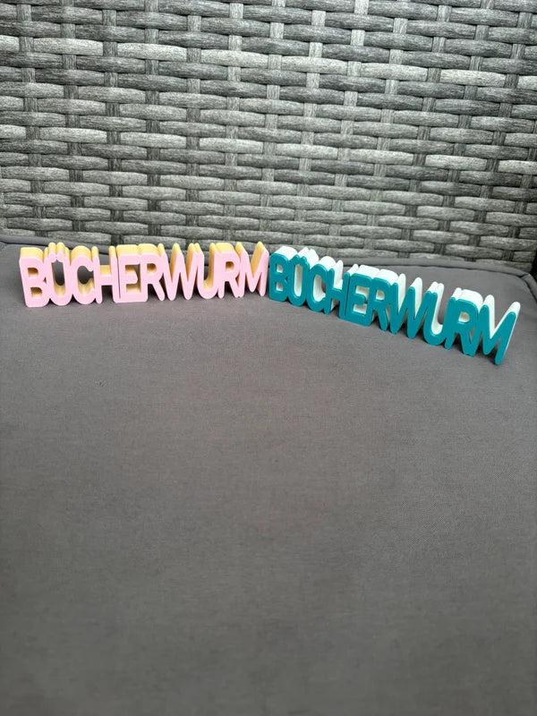 3D Schriftzug „BÜCHERWURM“ – Deko für Bücherregal – Wunschfarbe