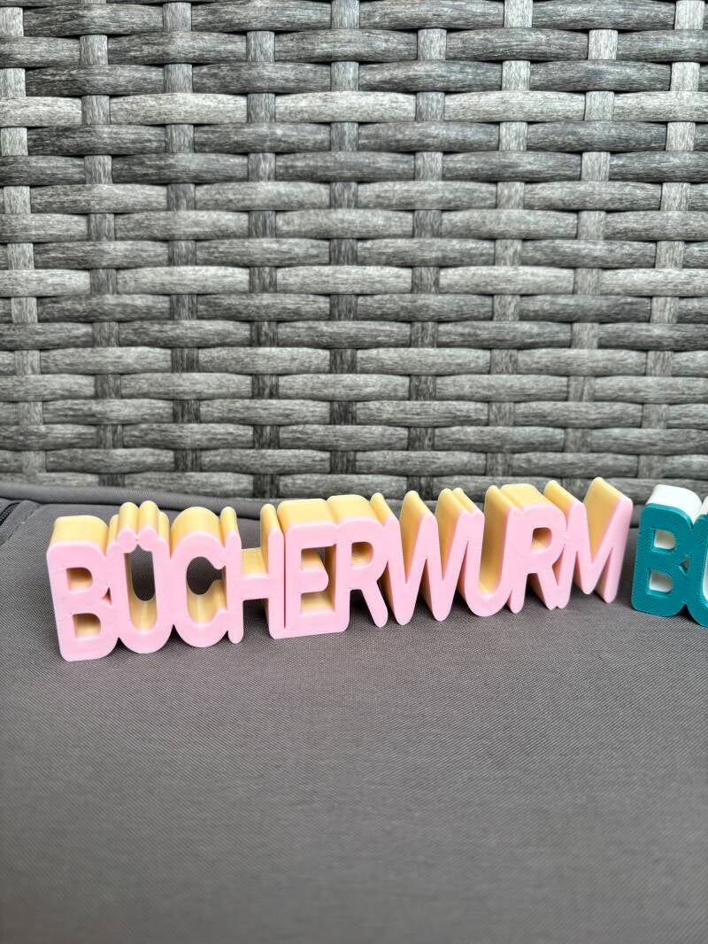 3D Schriftzug „BÜCHERWURM“ – Deko für Bücherregal – Wunschfarbe