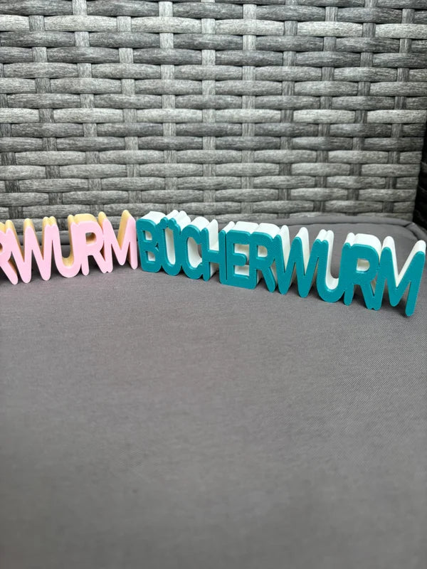 3D Schriftzug „BÜCHERWURM“ – Deko für Bücherregal – Wunschfarbe