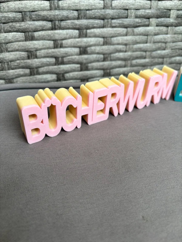 3D Schriftzug „BÜCHERWURM“ – Deko für Bücherregal – Wunschfarbe