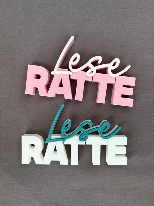 Deko-Schriftzug „Leseratte“ aus 3D-Druck – PLA, 13,7x7,7 cm, Wunschfarbe